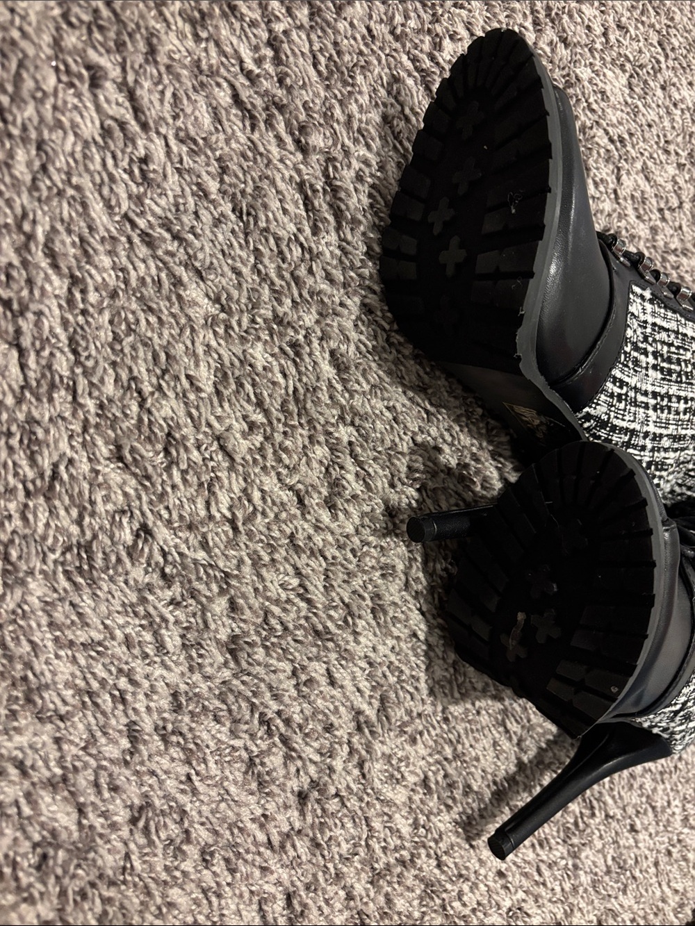 Peep-Toe Lace-Up Tweed Knee Boot - Black/White - Picture 4 of 5